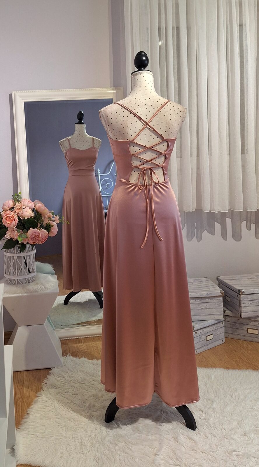 468. haljina midi prljavo roza na vezanje, uni XS-L, MPC 33,00 € rastezljiva u grudima 70-100 cm, 10 cm ispod grudi 70-80 cm, duljina 140 cm (4)