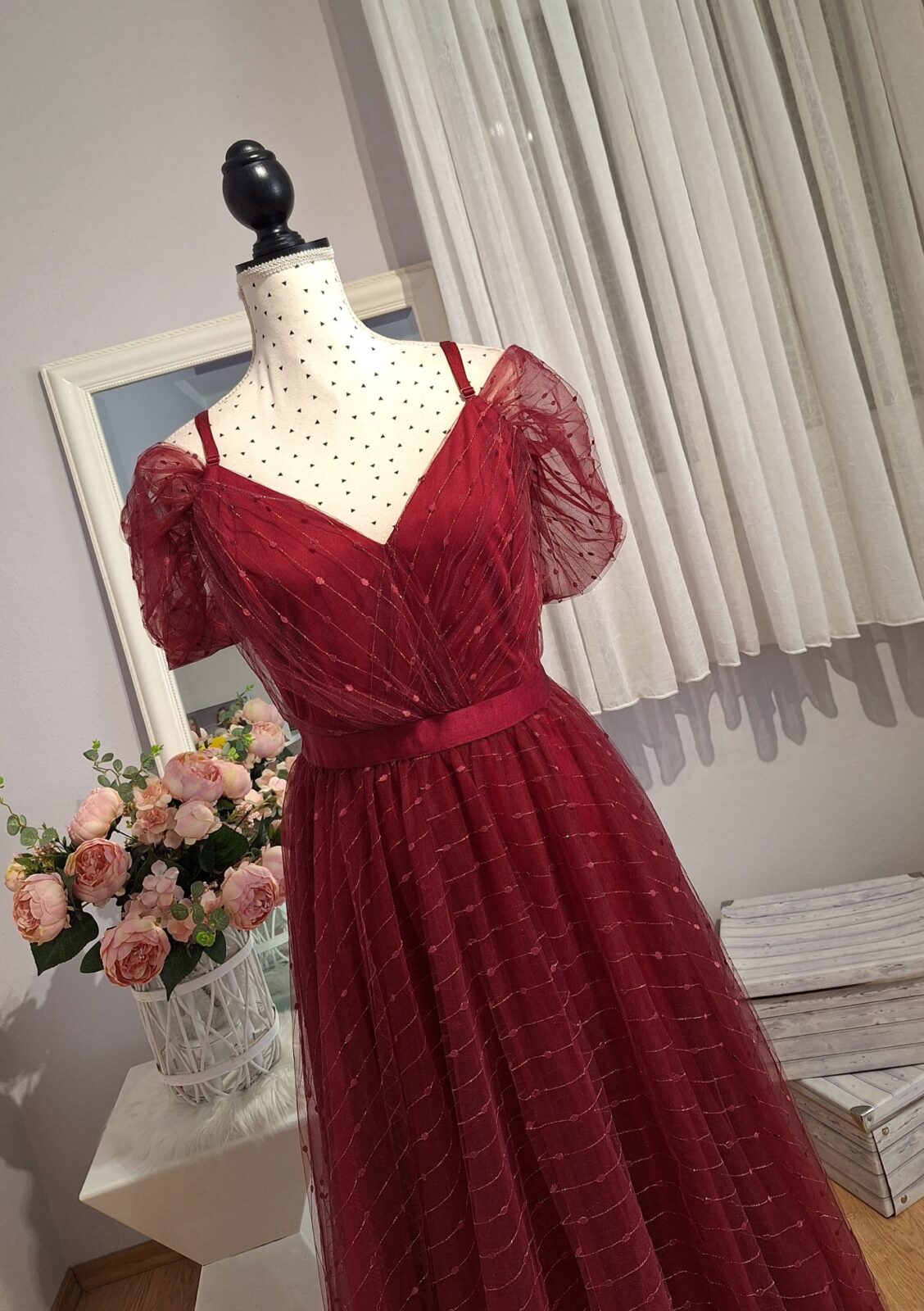 441. Haljina duga bordo od tila, uni 2XL-3XL, MPC 65,00 €, (2)