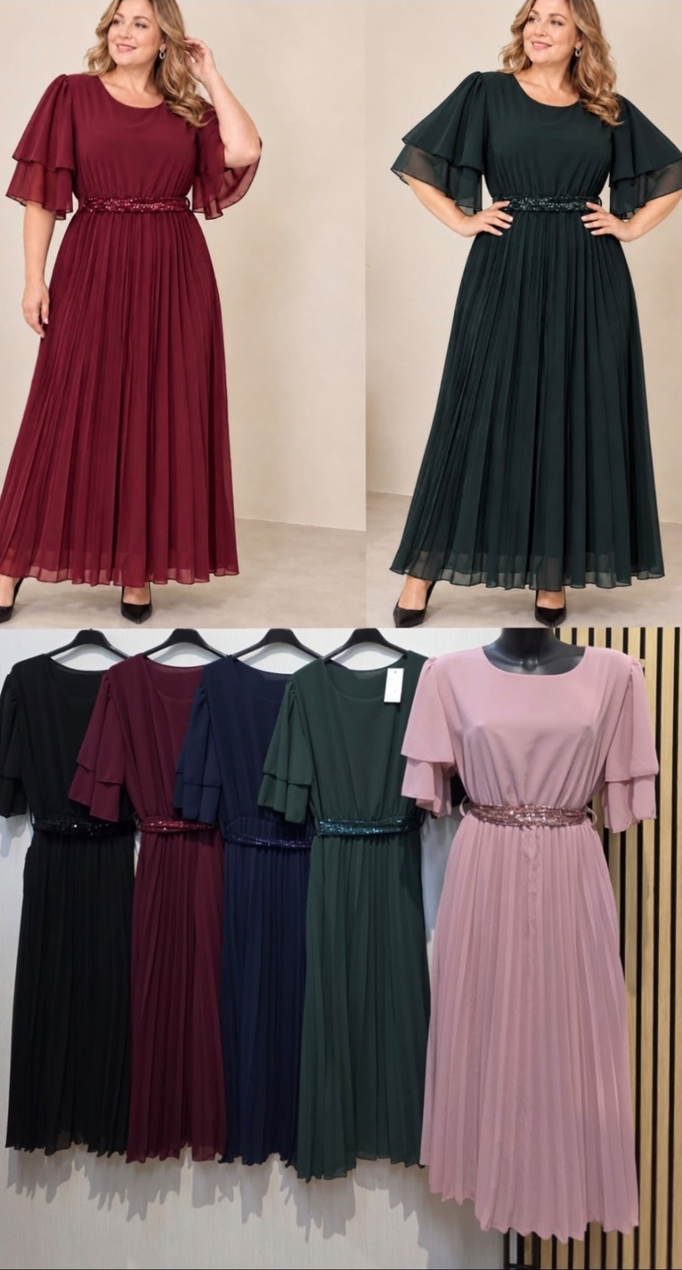 339. Haljine midi tamno plava ili bordo boje plisirana, uni L-2XL, MPC 38,00 €,